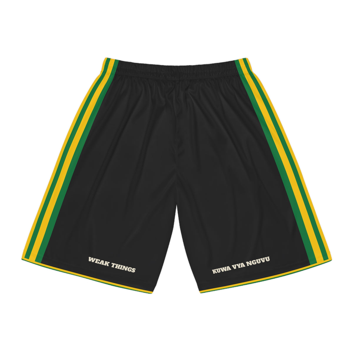 Tanzania Dar es Salaam Mission Basketball Shorts, back view with WEAK THINGS and KUWA VYA NGUVU on the legs