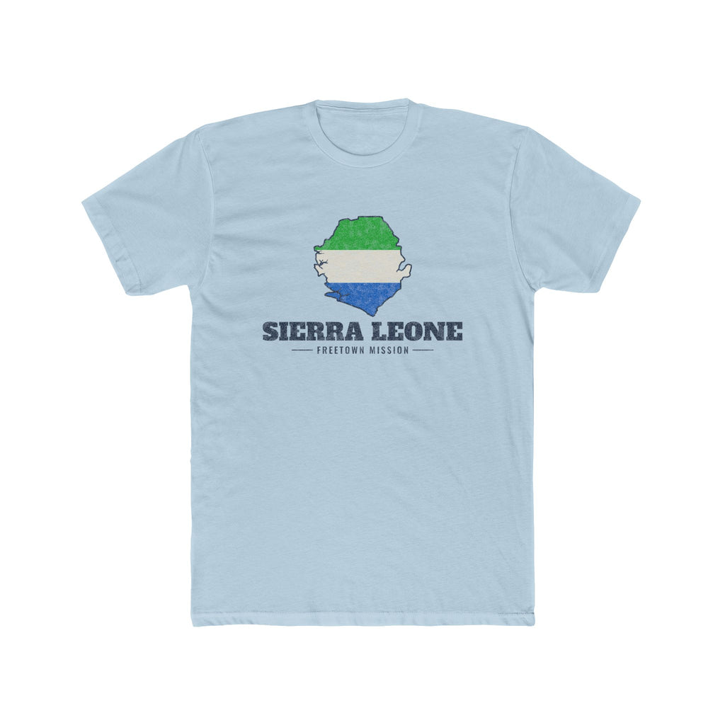 Sierra Leone Freetown Mission Flag Map shirt in Desert Pink: flag of Sierra Leone in the outline of Sierra Leone with navy lettering, front view