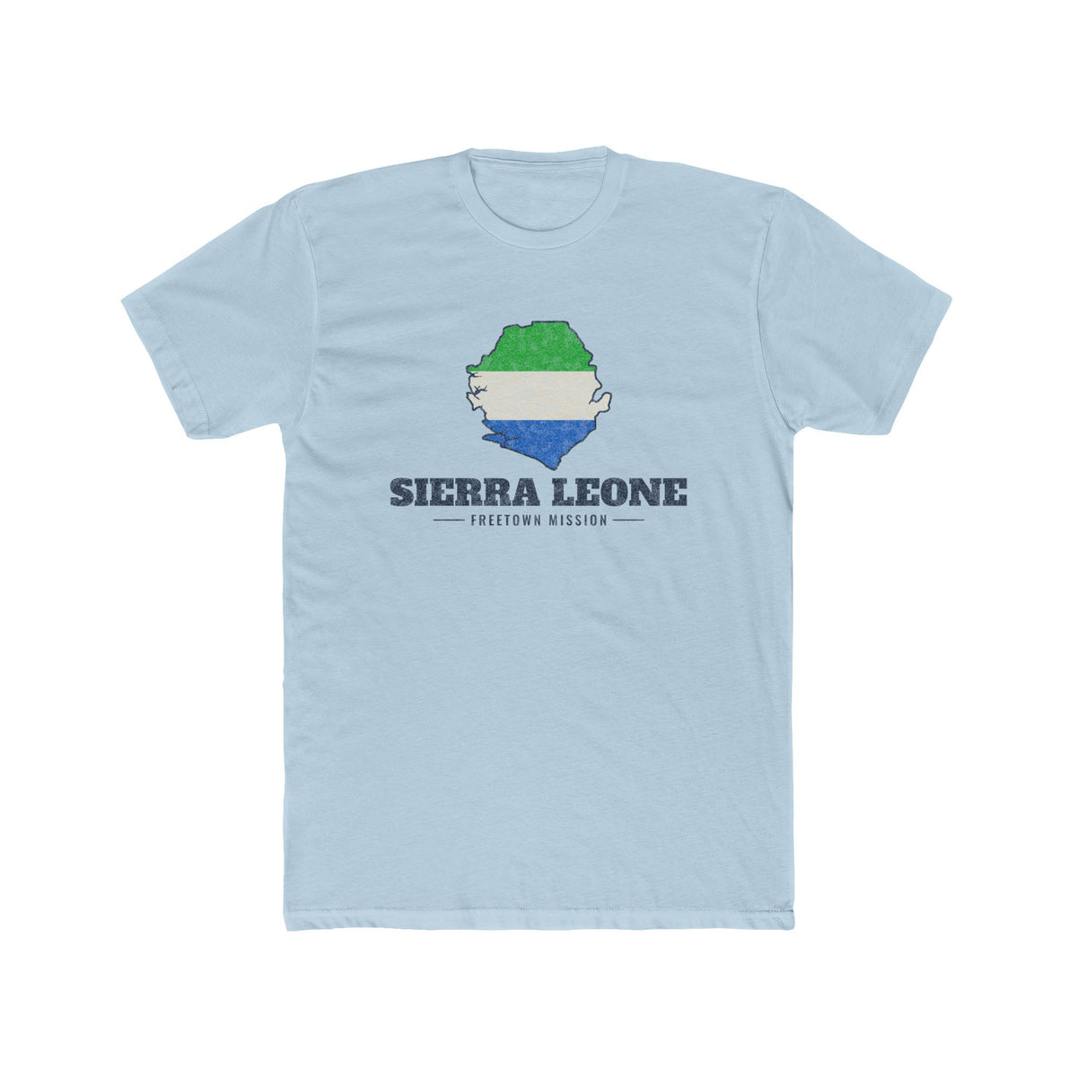 Sierra Leone Freetown Mission Flag Map shirt in Desert Pink: flag of Sierra Leone in the outline of Sierra Leone with navy lettering, front view