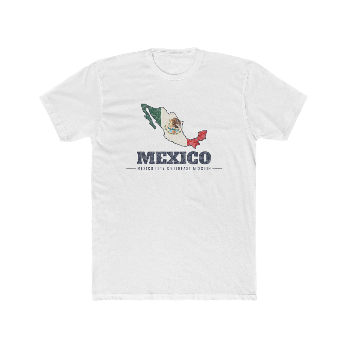 Mexico Mexico City Southeast Mission Flag Map shirt in White: flag of Mexico in the outline of Mexico with navy lettering, front view