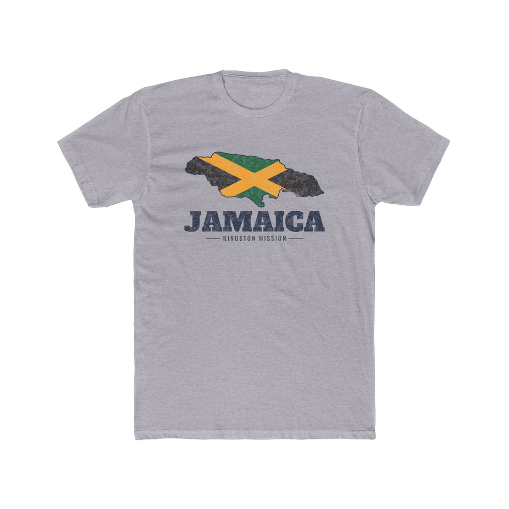 Jamaica Kingston Mission Flag Map shirt in Heather Grey: flag of Jamaica in the outline of Jamaica with navy lettering, front view