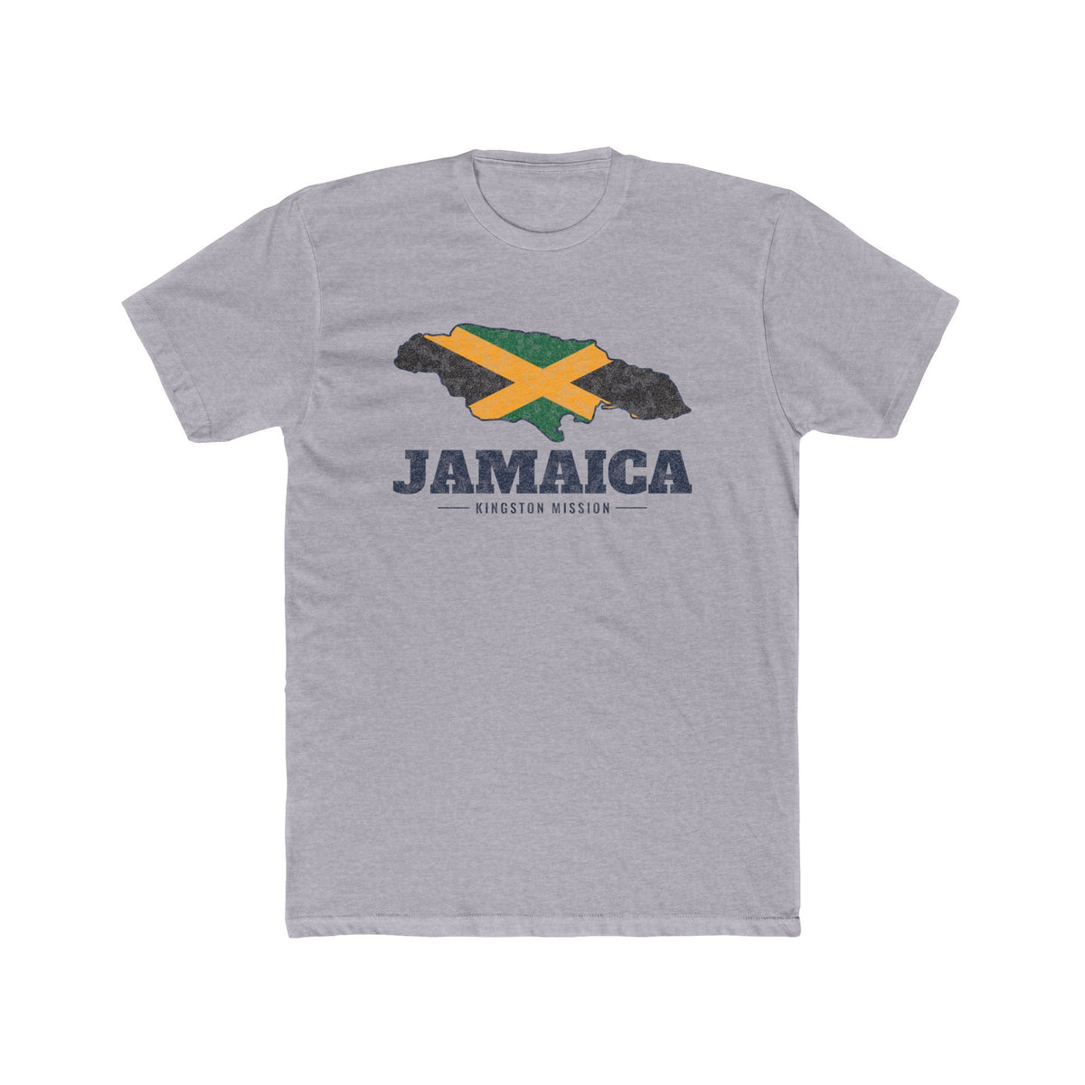 Jamaica Kingston Mission Flag Map shirt in Heather Grey: flag of Jamaica in the outline of Jamaica with navy lettering, front view