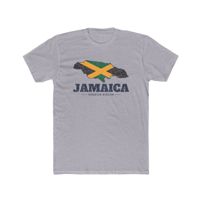 Jamaica Kingston Mission Flag Map shirt in Heather Grey: flag of Jamaica in the outline of Jamaica with navy lettering, front view