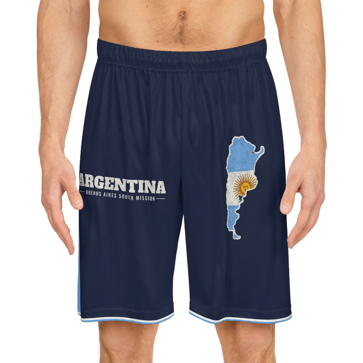 Argentina Buenos Aires South Mission Basketball Shorts, worn, front view