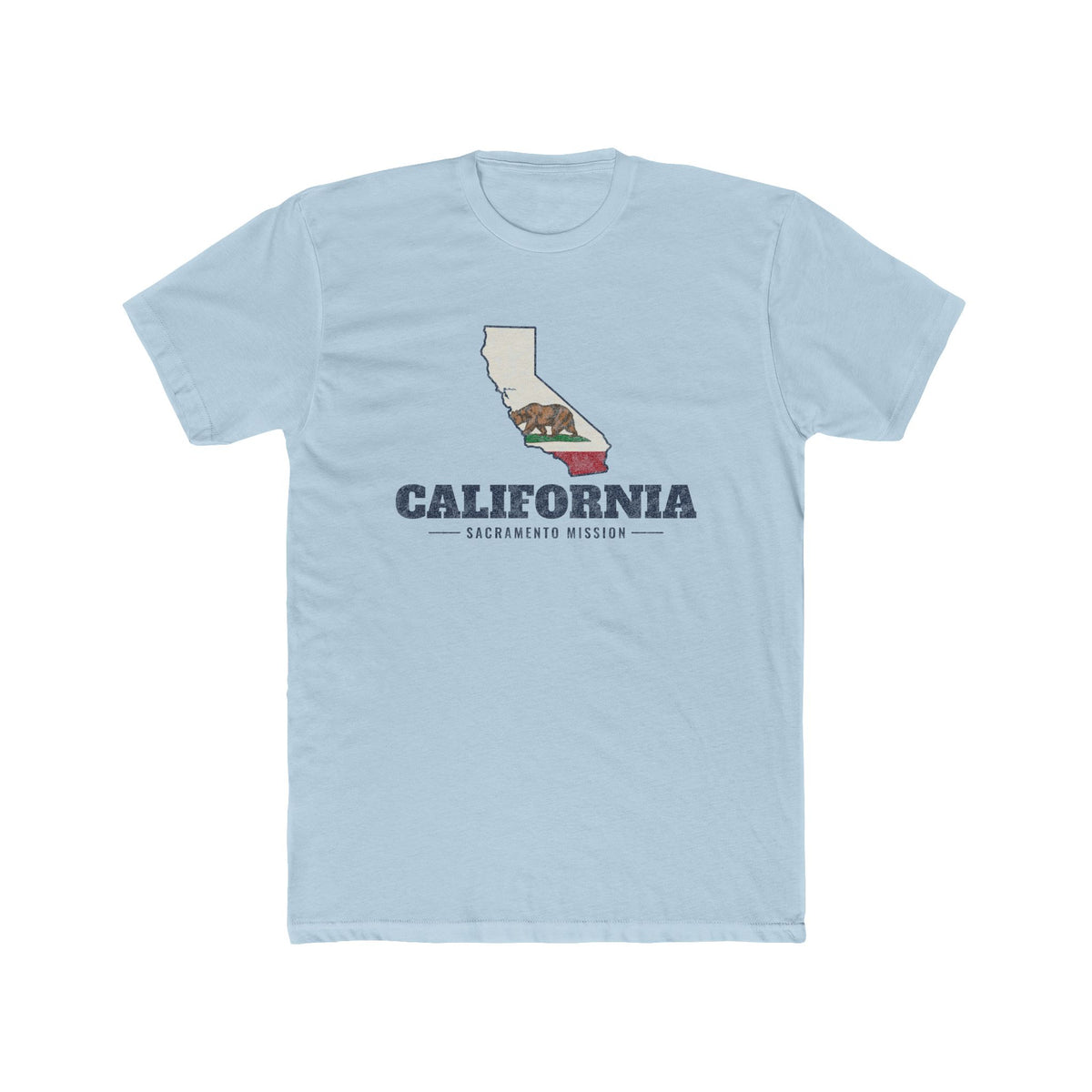 California Sacramento Mission Flag Map shirt in Desert Pink: California state flag in the outline of California with navy lettering, front view