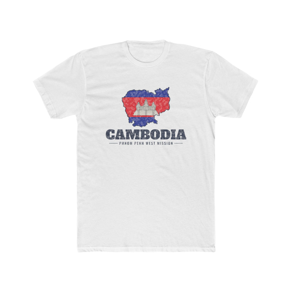Cambodia Phnom Penh West Mission Flag Map shirt in White: flag of Cambodia in the outline of Cambodia with navy lettering, front view