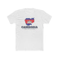 Cambodia Phnom Penh West Mission Flag Map shirt in White: flag of Cambodia in the outline of Cambodia with navy lettering, front view