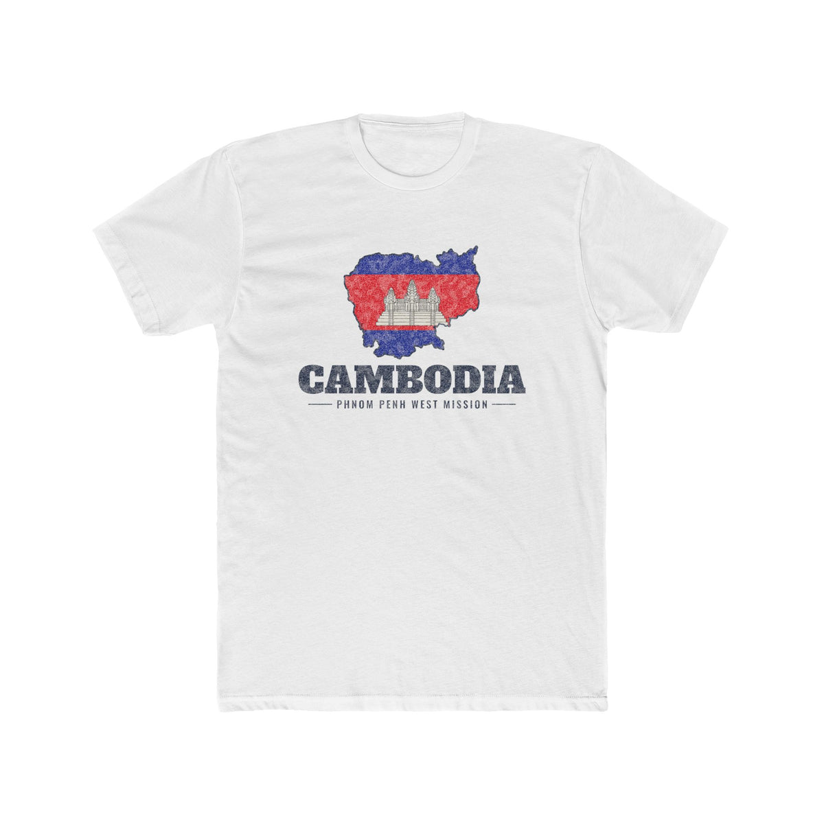 Cambodia Phnom Penh West Mission Flag Map shirt in White: flag of Cambodia in the outline of Cambodia with navy lettering, front view