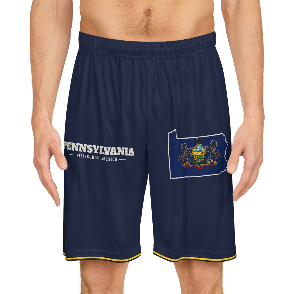 Pennsylvania Pittsburgh Mission Basketball Shorts, worn, front view