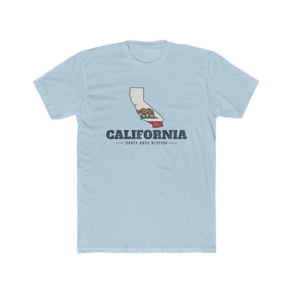 California Santa Rosa Mission Flag Map shirt in Desert Pink: California state flag in the outline of California with navy lettering, front view