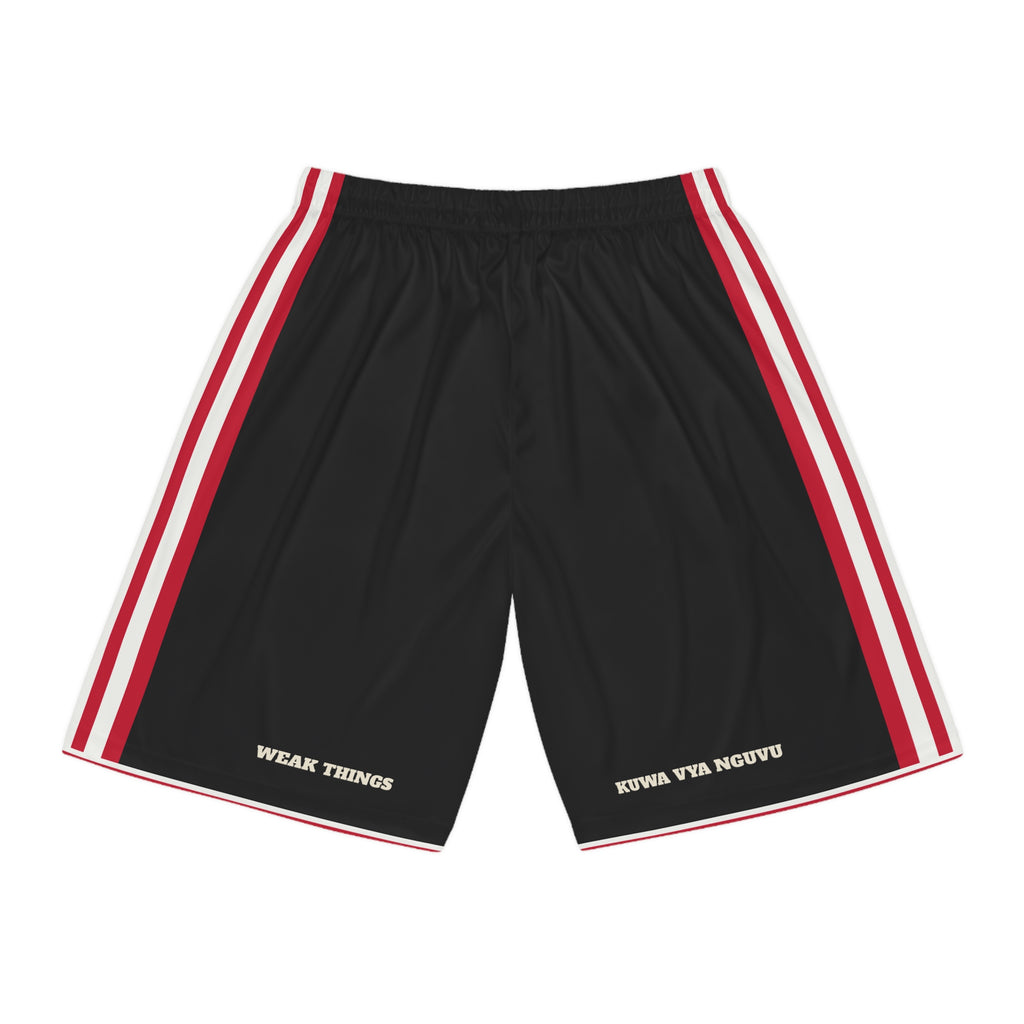 Kenya Nairobi West Mission Basketball Shorts, back view with WEAK THINGS and KUWA VYA NGUVU on the legs