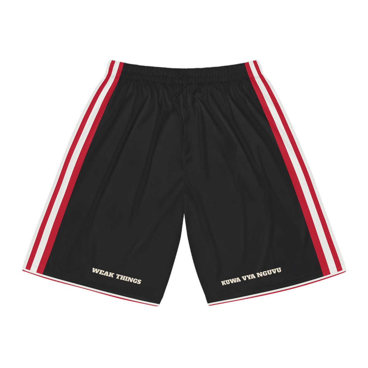 Kenya Nairobi West Mission Basketball Shorts, back view with WEAK THINGS and KUWA VYA NGUVU on the legs