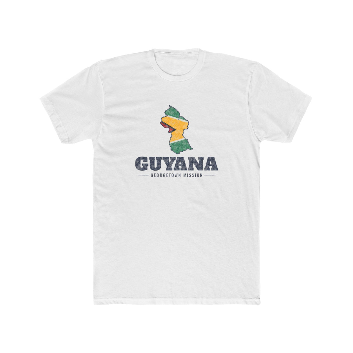 Guyana Georgetown Mission Flag Map shirt in White: flag of Guyana in the outline of Guyana with navy lettering, front view