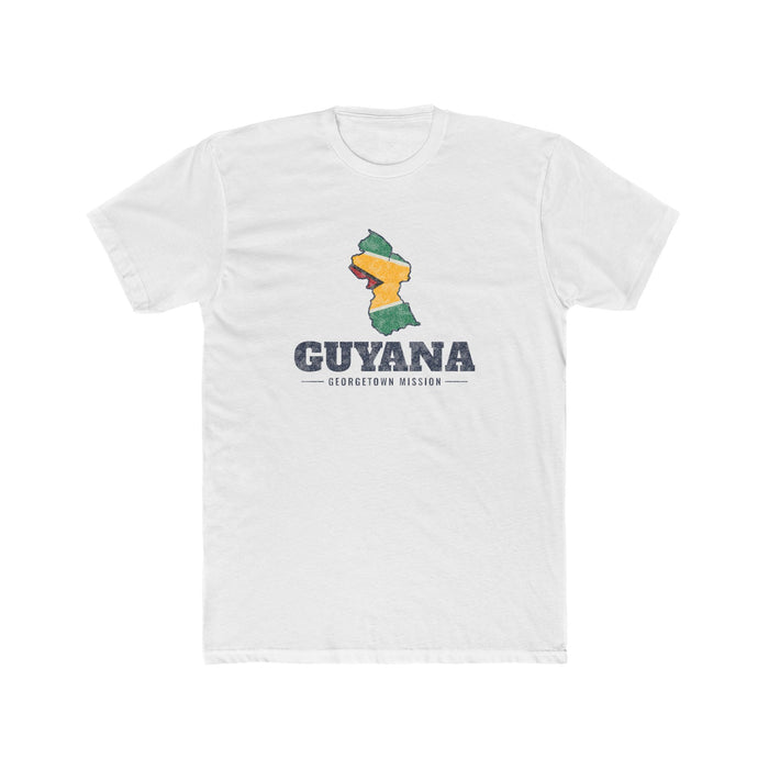 Guyana Georgetown Mission Flag Map shirt in White: flag of Guyana in the outline of Guyana with navy lettering, front view