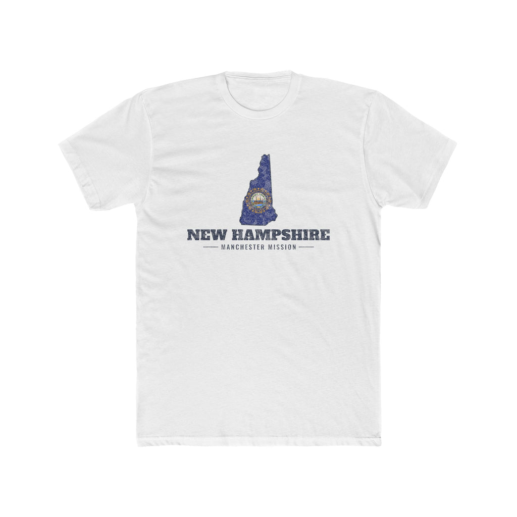 New Hampshire Manchester Mission Flag Map shirt in White: New Hampshire state flag in the outline of New Hampshire with navy lettering, front view