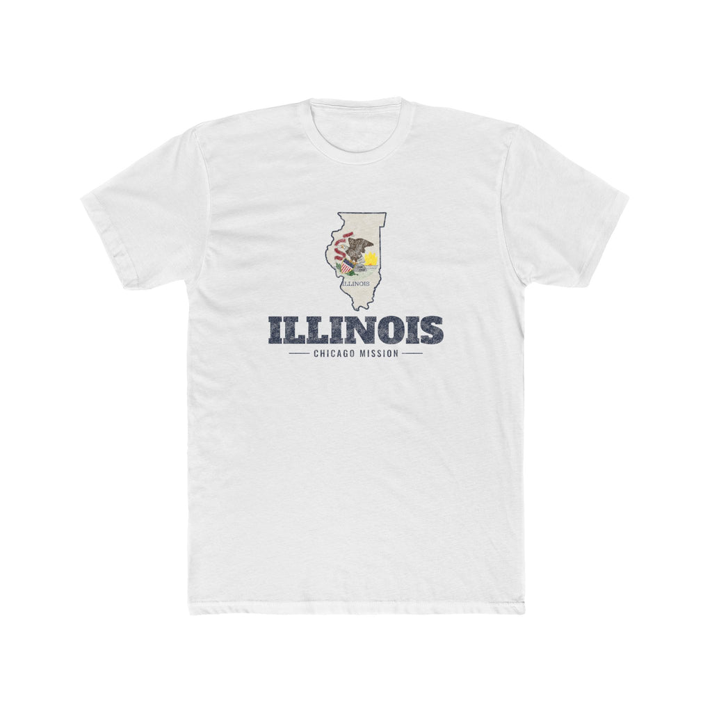 Illinois Chicago Mission Flag Map shirt in White: Illinois state flag in the outline of Illinois with navy lettering, front view