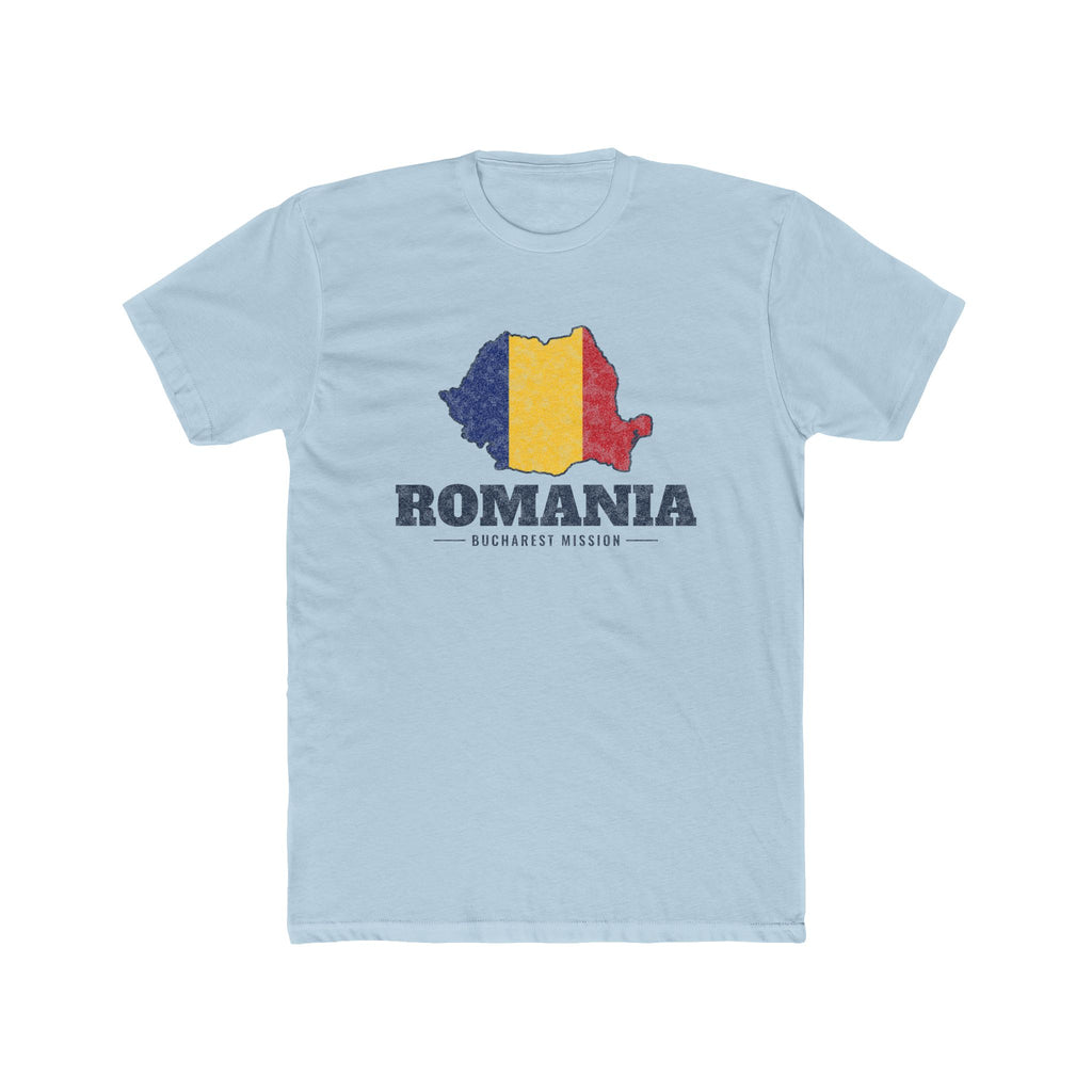 Romania Bucharest Mission Flag Map shirt in Desert Pink: flag of Romania in the outline of Romania with navy lettering, front view