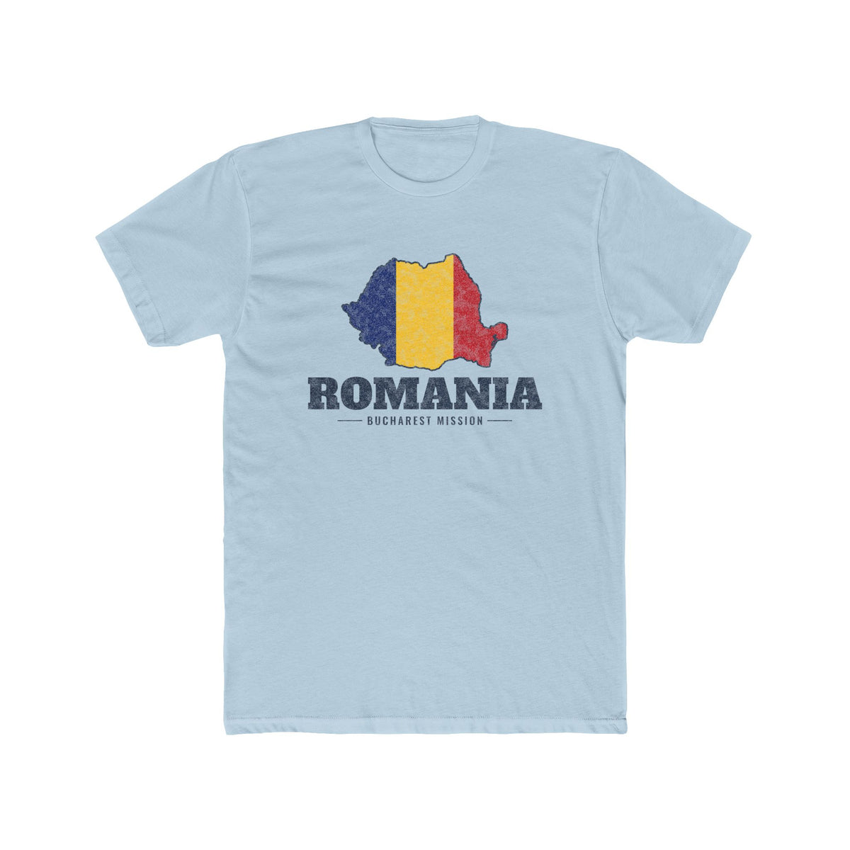 Romania Bucharest Mission Flag Map shirt in Desert Pink: flag of Romania in the outline of Romania with navy lettering, front view