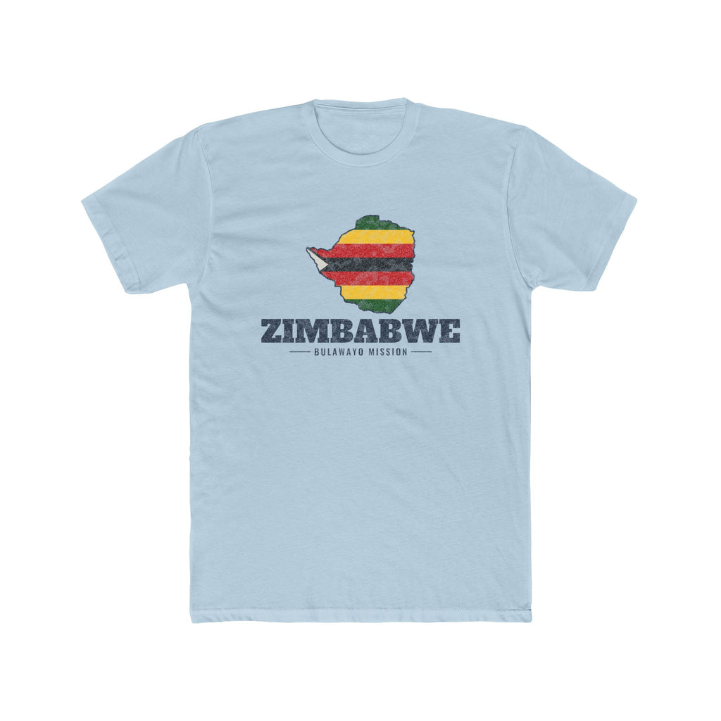 Zimbabwe Bulawayo Mission Flag Map shirt in Desert Pink: flag of Zimbabwe in the outline of Zimbabwe with navy lettering, front view