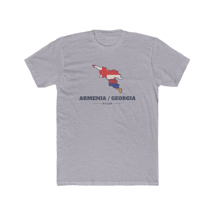 Armenia/Georgia Mission Flag Map shirt in Heather Grey: flags of Armenia and Georgia in their country outlines with navy lettering, front view