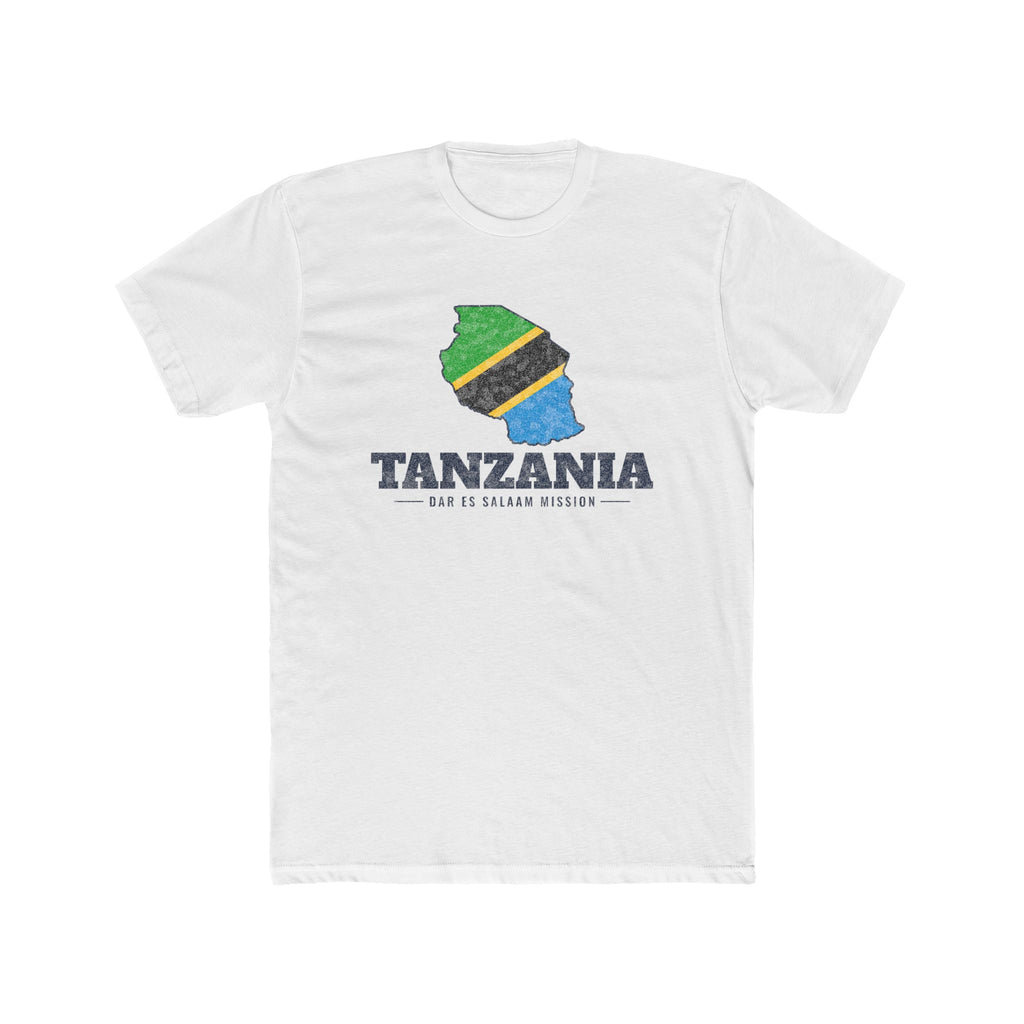 Tanzania Dar es Salaam Mission Flag Map shirt in White: flag of Tanzania in the outline of Tanzania with navy lettering, front view