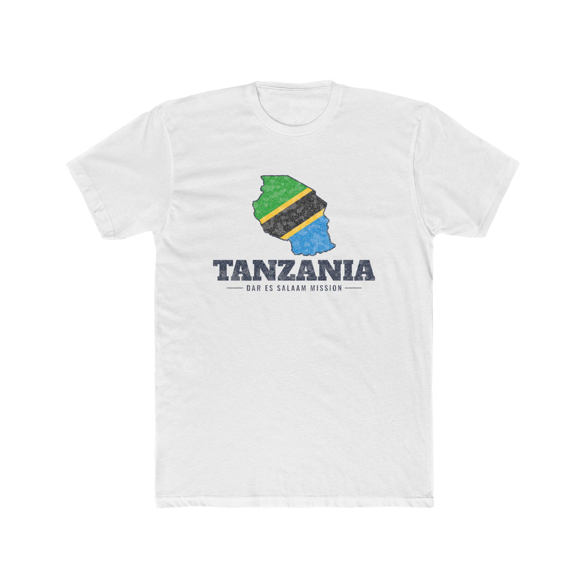 Tanzania Dar es Salaam Mission Flag Map shirt in White: flag of Tanzania in the outline of Tanzania with navy lettering, front view