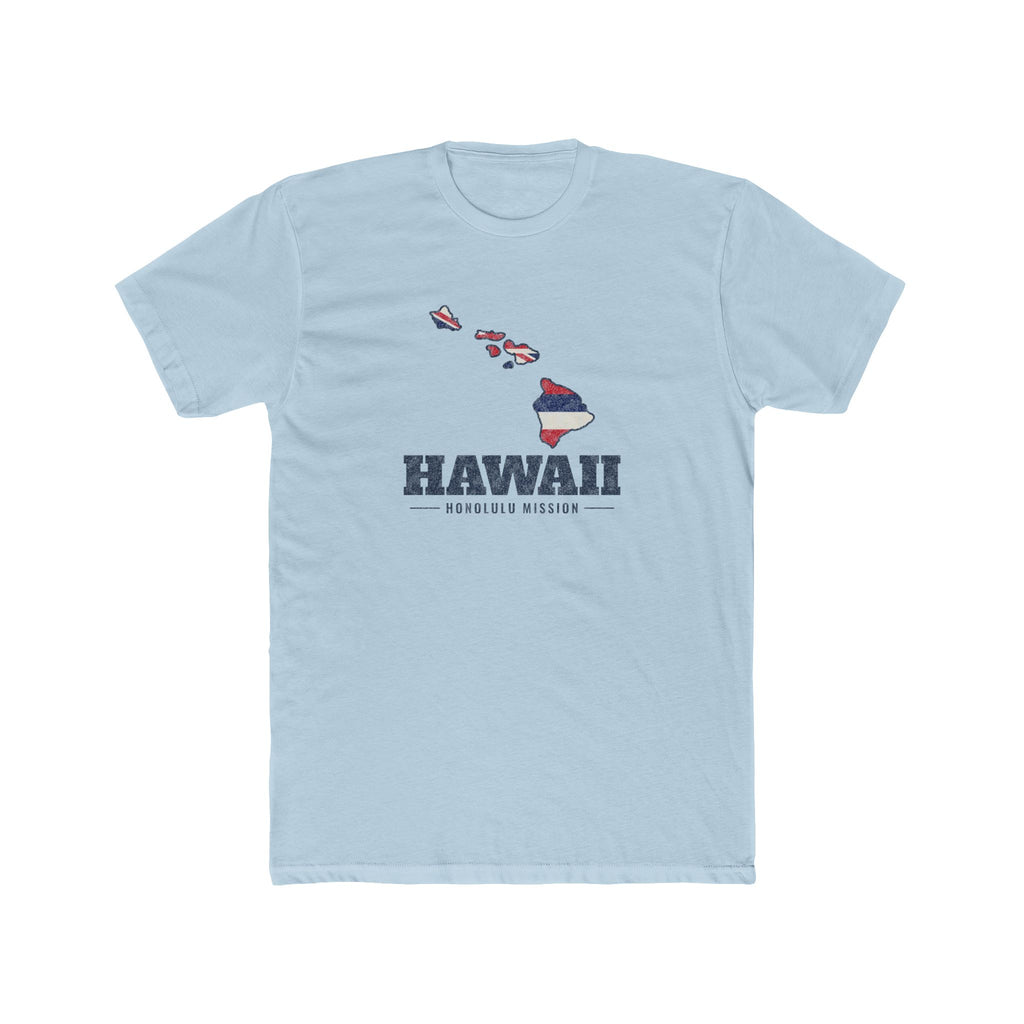 Hawaii Honolulu Mission Flag Map shirt in Desert Pink: Hawaii state flag in the outline of Hawaii with navy lettering, front view