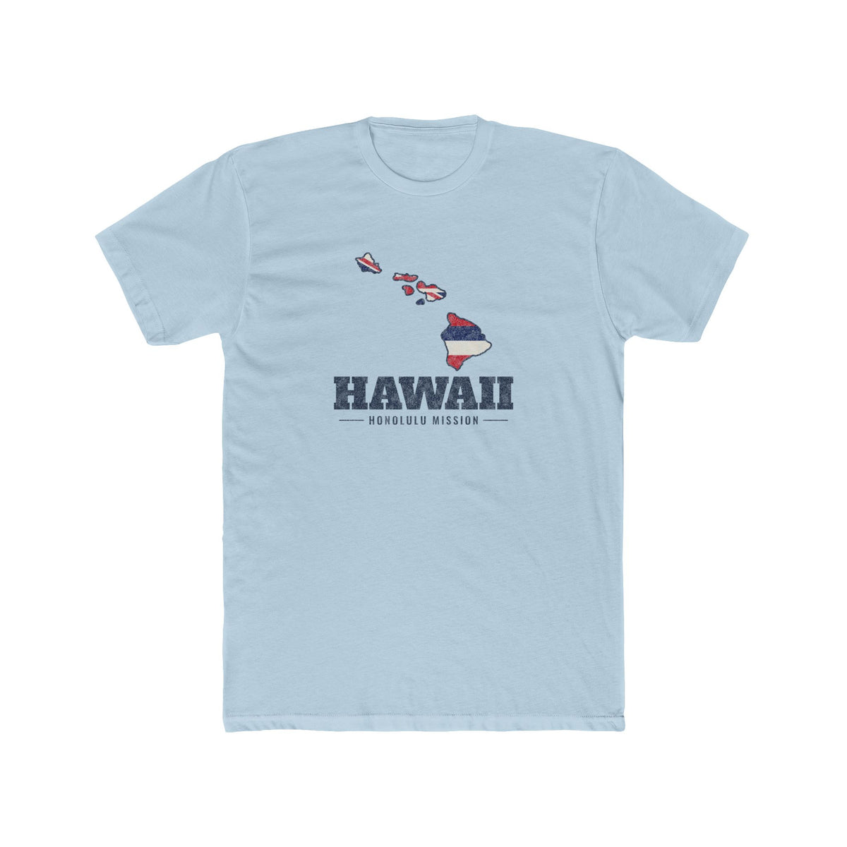 Hawaii Honolulu Mission Flag Map shirt in Desert Pink: Hawaii state flag in the outline of Hawaii with navy lettering, front view