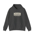 Alaska Anchorage Mission Hoodie in Dark Heather, front view with the varsity mission design