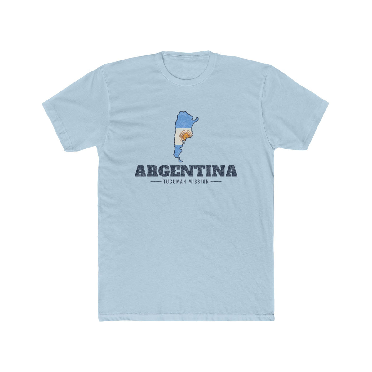 Argentina Tucuman Mission Flag Map shirt in Desert Pink: flag of Argentina in the outline of Argentina with navy lettering, front view