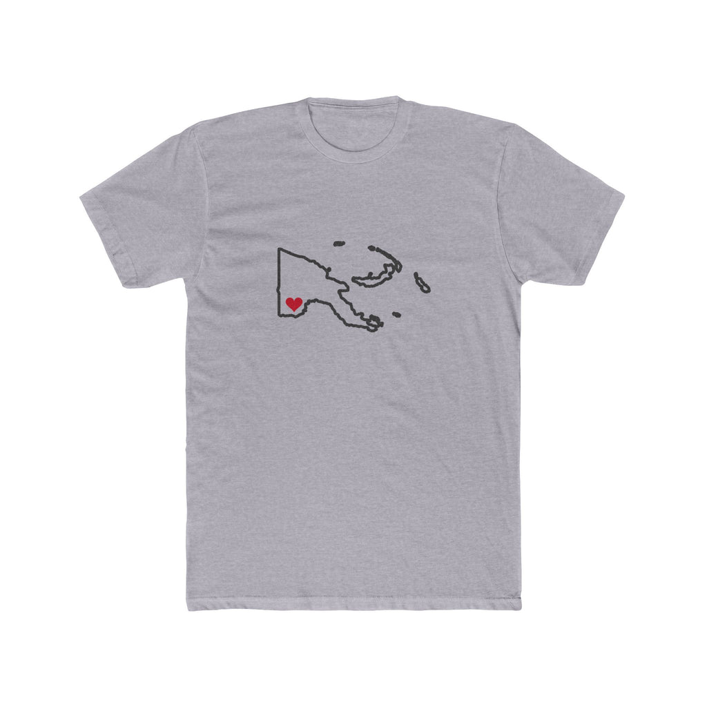 Papua New Guinea Daru Mission Heart Map shirt in Heather Grey: Papua New Guinea outline with a red heart, front view