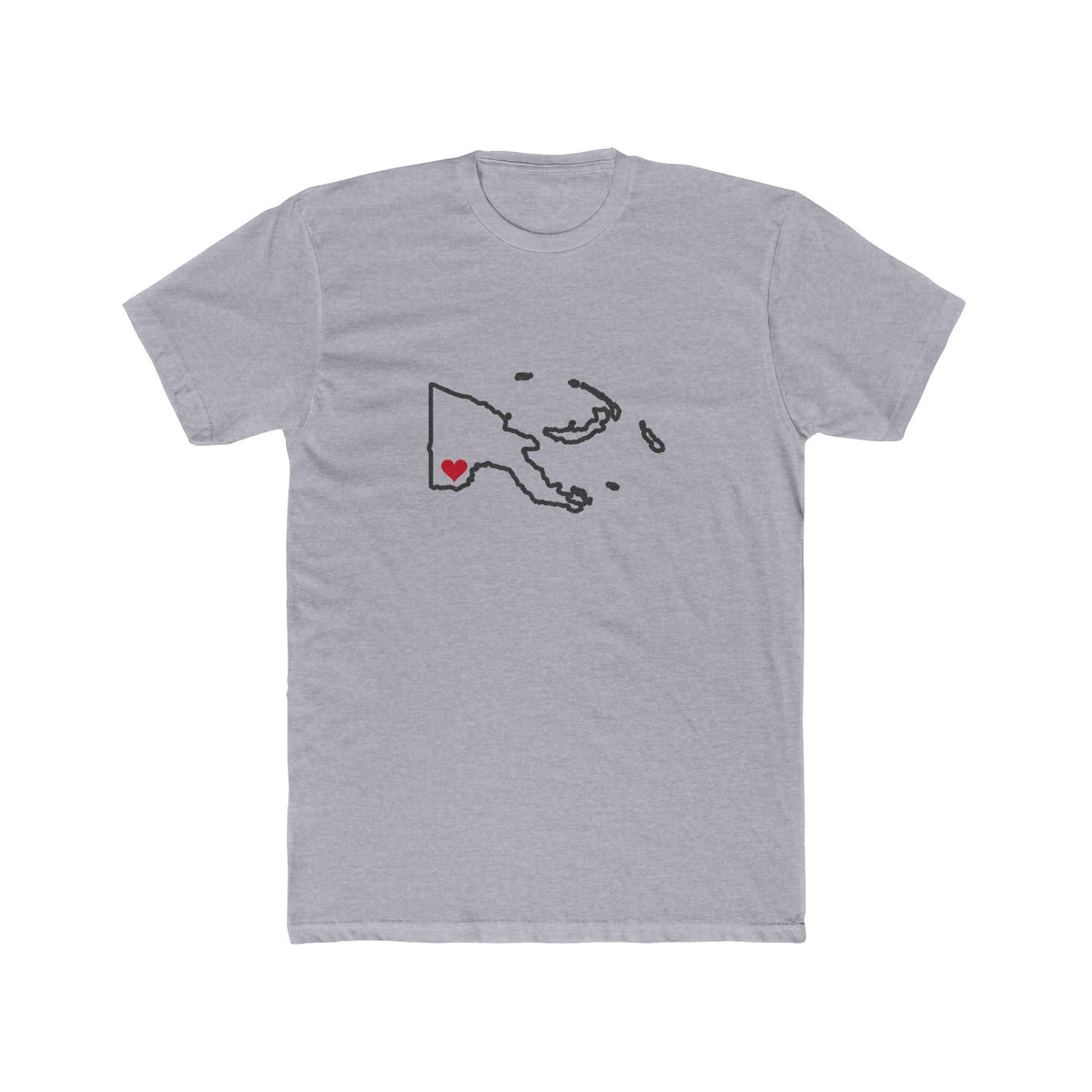 Papua New Guinea Daru Mission Heart Map shirt in Heather Grey: Papua New Guinea outline with a red heart, front view
