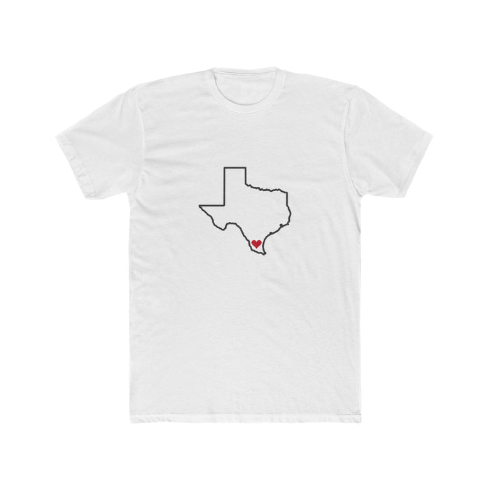 Texas McAllen Mission Heart Map shirt in White: Texas outline with a red heart, front view
