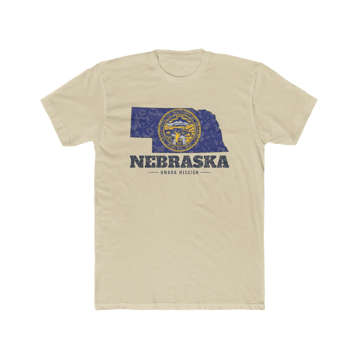 Nebraska Omaha Mission Flag Map shirt in Cream: Nebraska state flag in the outline of Nebraska with navy lettering, front view