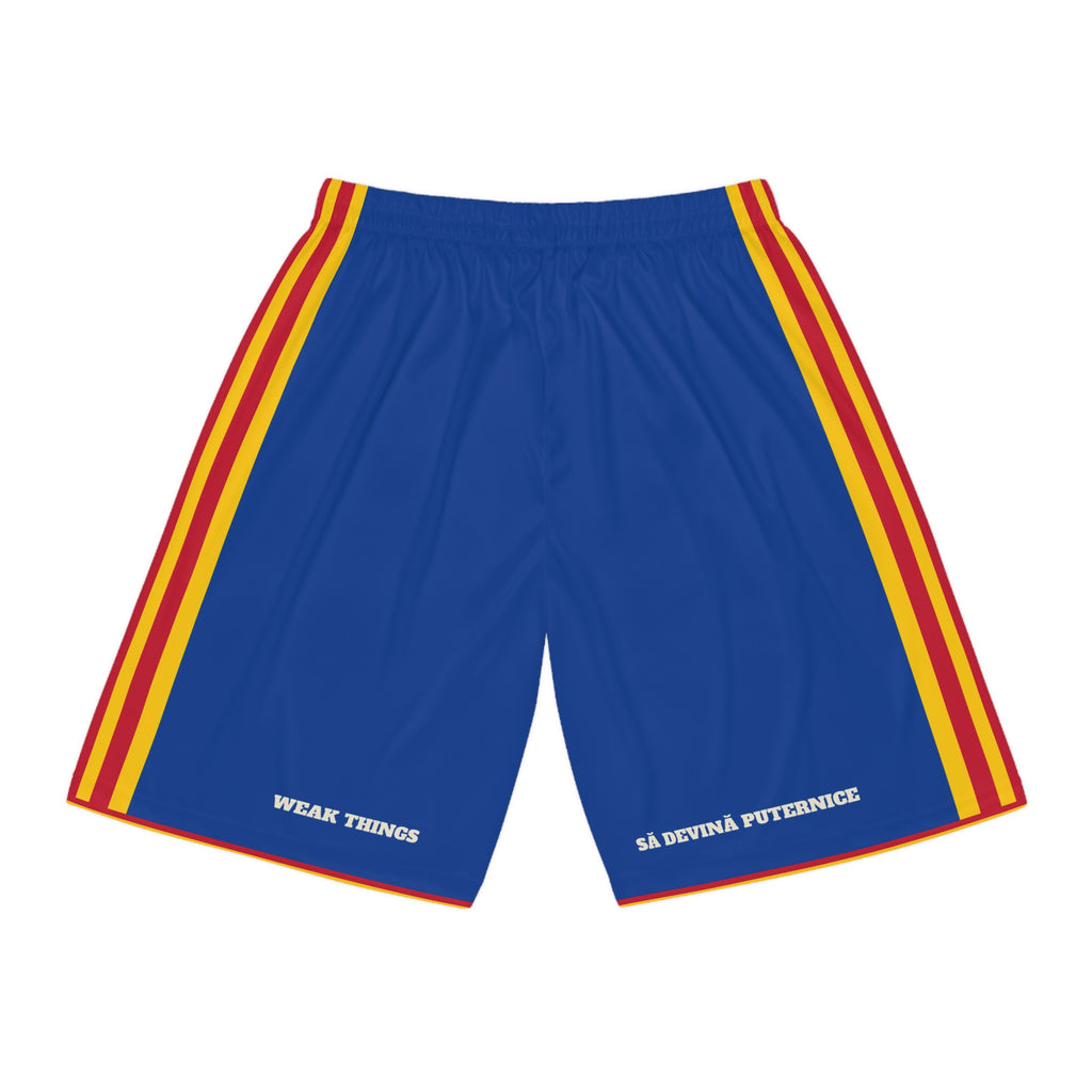 Romania Bucharest Mission Basketball Shorts, back view with WEAK THINGS and SĂ DEVINĂ PUTERNICE on the legs