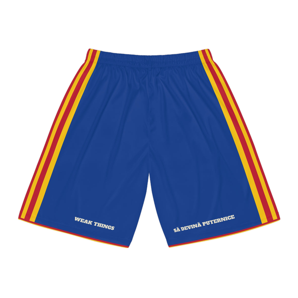 Romania Bucharest Mission Basketball Shorts, back view with WEAK THINGS and SĂ DEVINĂ PUTERNICE on the legs