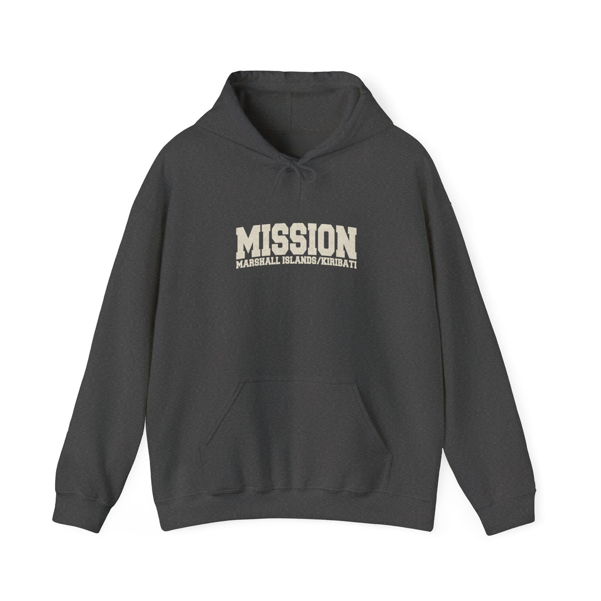 Marshall Islands/Kiribati Mission Hoodie in Dark Heather, front view with the varsity mission design