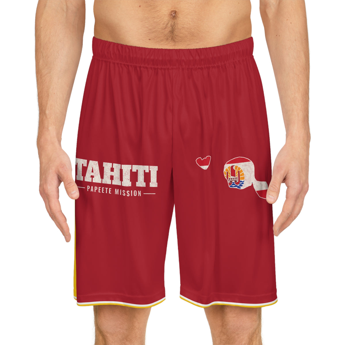 Tahiti Papeete Mission Basketball Shorts, worn, front view