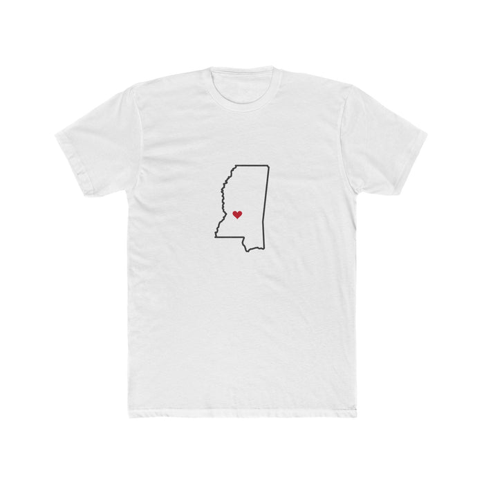 Mississippi Jackson Mission Heart Map shirt in White: Mississippi outline with a red heart, front view