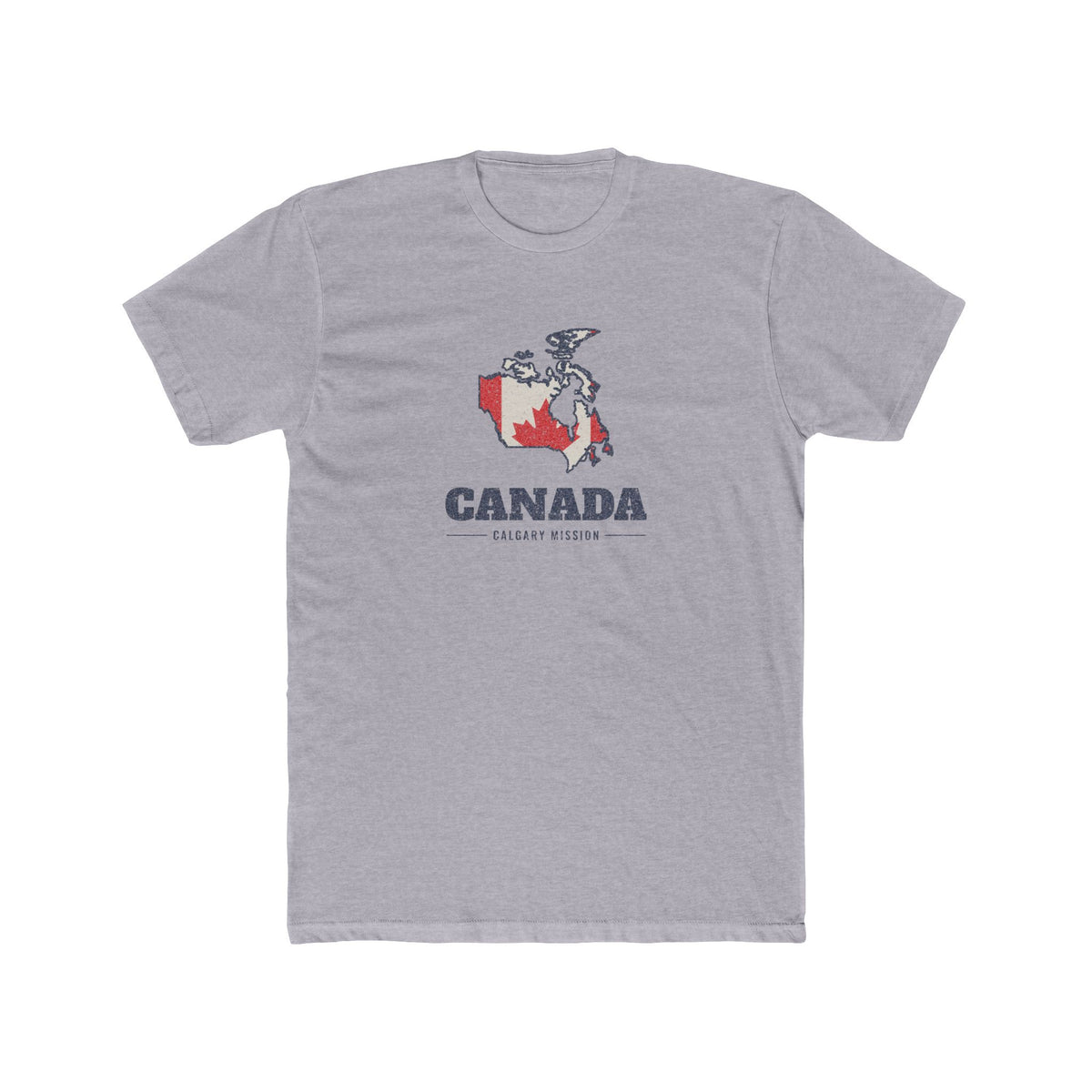 Canada Calgary Mission Flag Map shirt in Heather Grey: flag of Canada in the outline of Canada with navy lettering, front view