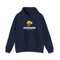 Ecuador Quito West Mission Flag Map Hoodie in Navy, front view with the flag map and mission name