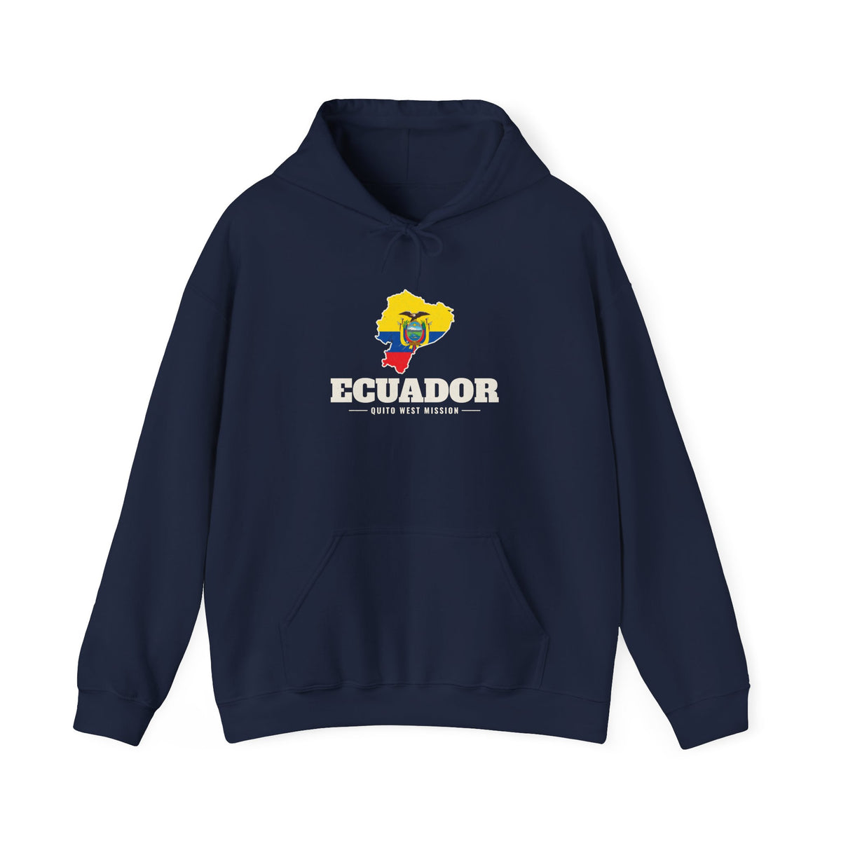 Ecuador Quito West Mission Flag Map Hoodie in Navy, front view with the flag map and mission name