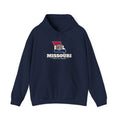 Missouri Kansas City Mission Flag Map Hoodie in Navy, front view with the flag map and mission name