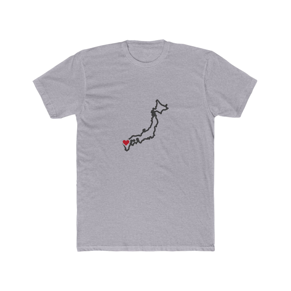 Japan Fukuoka Mission Heart Map shirt in Heather Grey: Japan outline with a red heart, front view