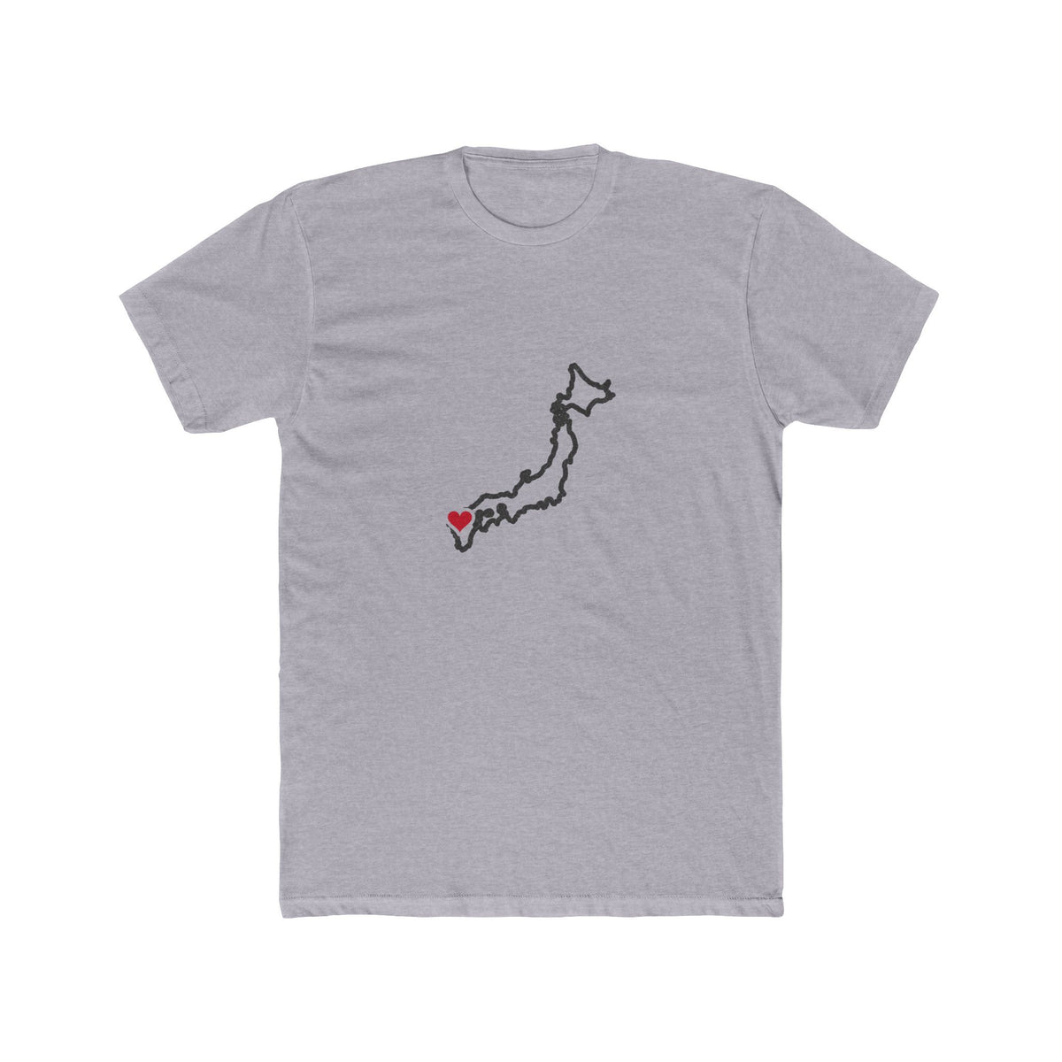 Japan Fukuoka Mission Heart Map shirt in Heather Grey: Japan outline with a red heart, front view