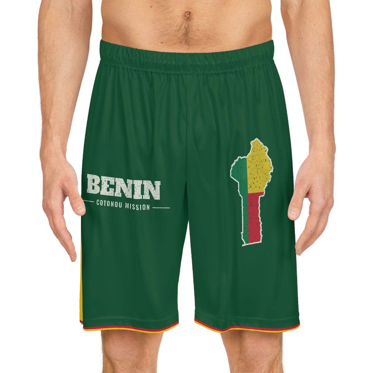 Benin Cotonou Mission Basketball Shorts, worn, front view