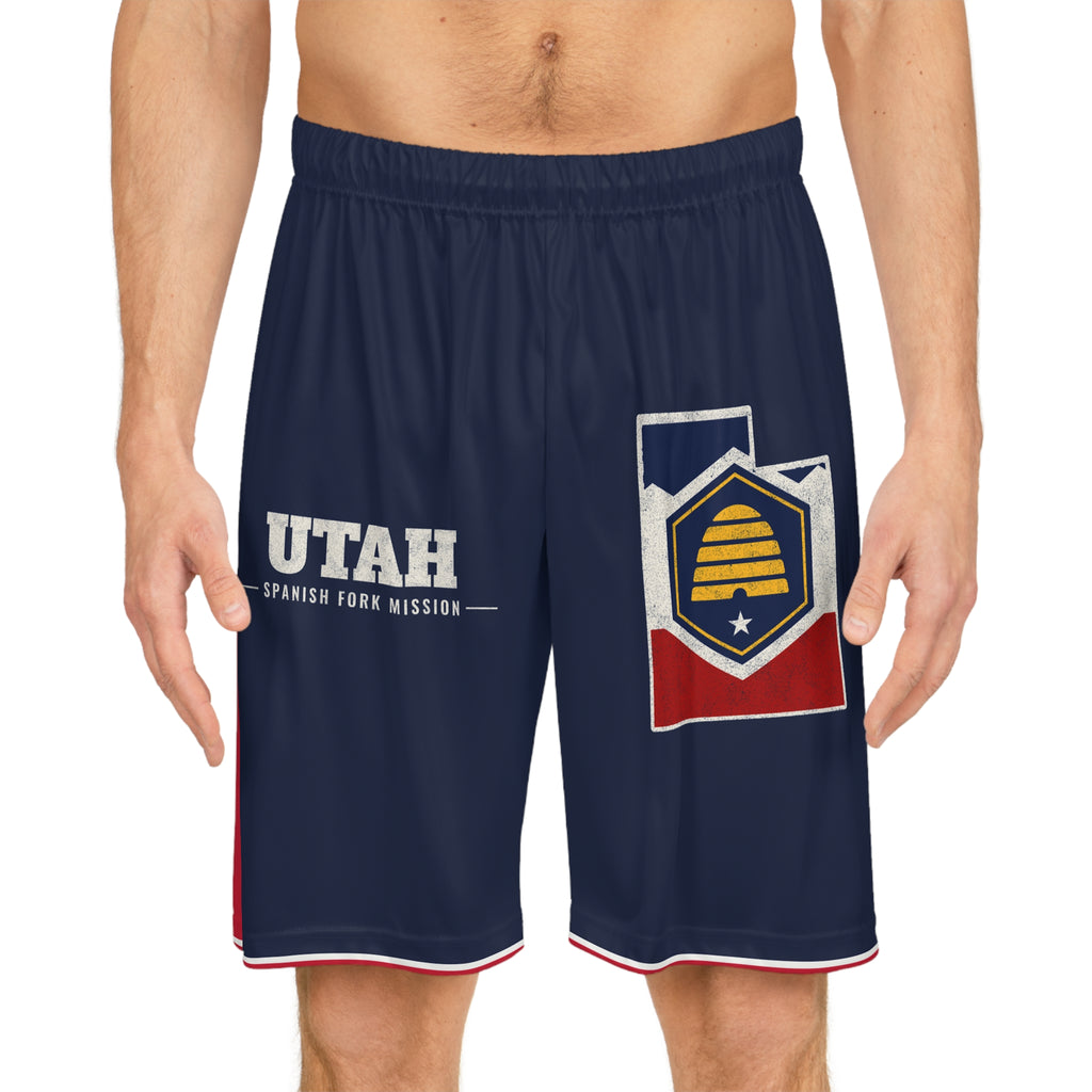 Utah Spanish Fork Mission Basketball Shorts, worn, front view