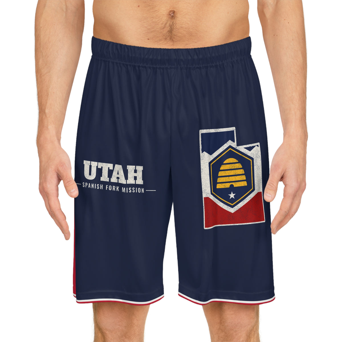 Utah Spanish Fork Mission Basketball Shorts, worn, front view