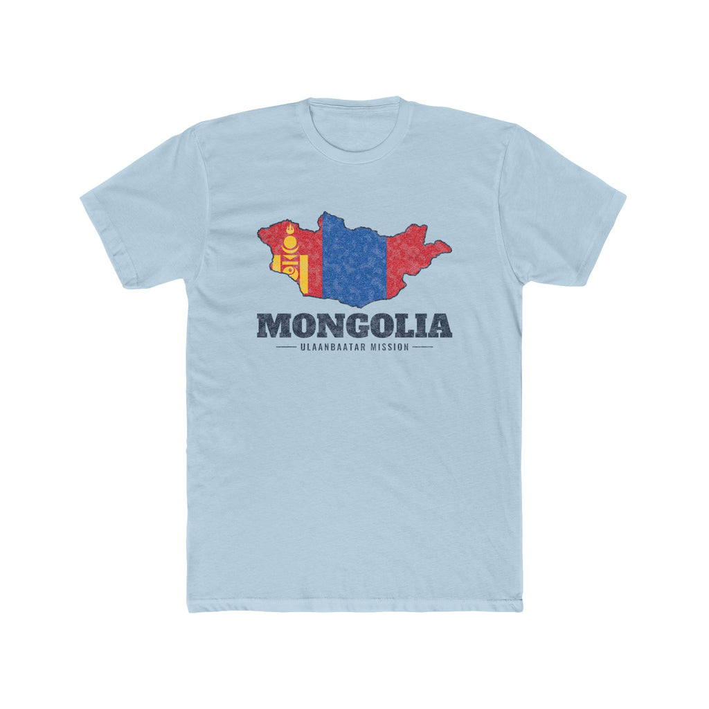 Mongolia Ulaanbaatar Mission Flag Map shirt in Desert Pink: flag of Mongolia in the outline of Mongolia with navy lettering, front view