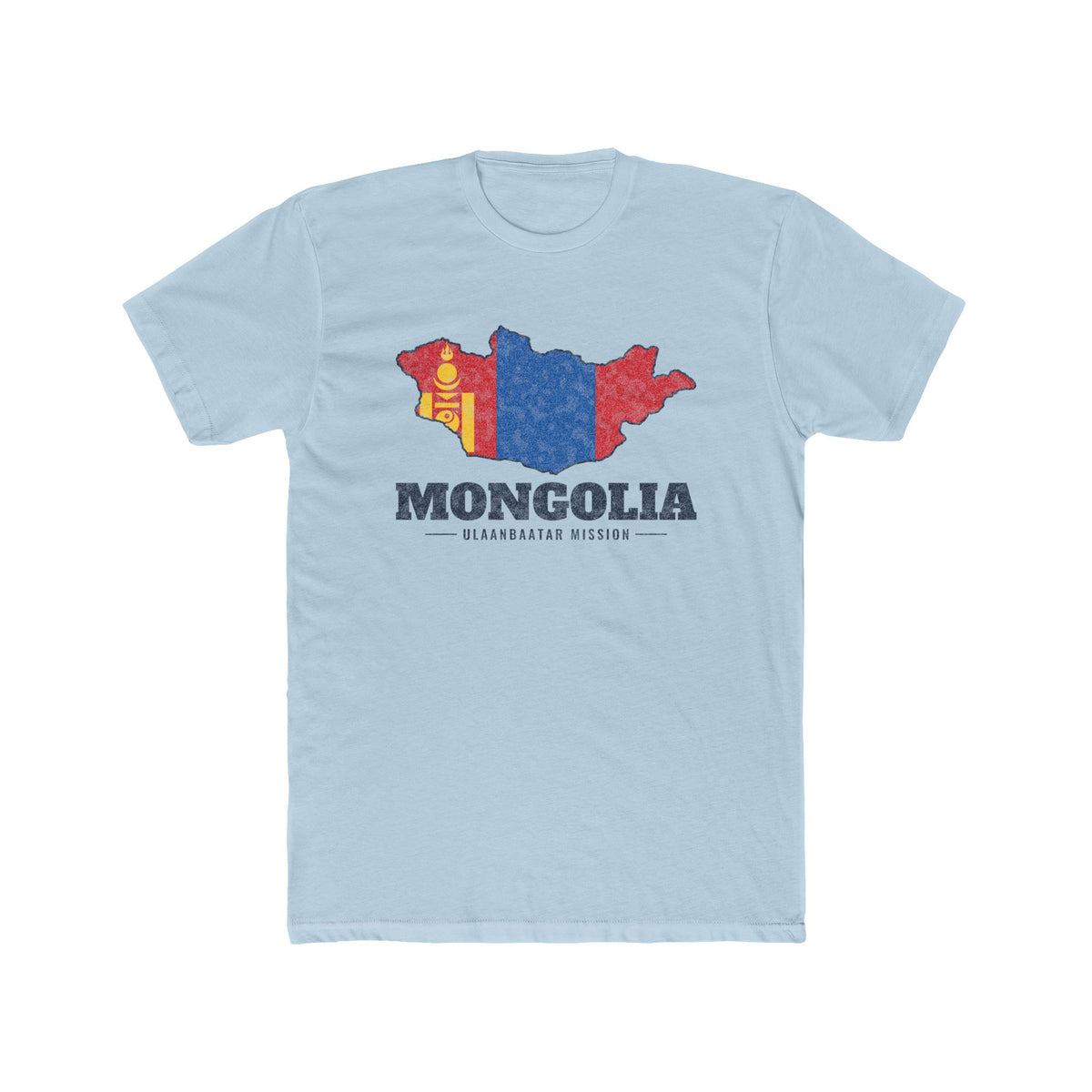 Mongolia Ulaanbaatar Mission Flag Map shirt in Desert Pink: flag of Mongolia in the outline of Mongolia with navy lettering, front view